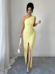 Selianne 新款时尚女士纯色性感不对称肩部扭结褶皱长裙，不对称领口针织纹理修身款式，扭结开衩设计鸡尾酒会礼服，优雅女士服饰，春夏度假、派对、情人节连衣裙 - 黃色 - 查看 3