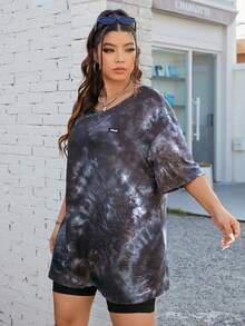 Enliva 夏季加大码女式扎染拼接短袖T恤，适合苹果型和圆润身材 - 彩色 - 查看 3