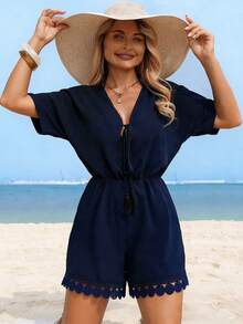 Swim Lushoire 女士夏季沙滩蝙蝠袖V领系带流苏拼接圆蕾丝边连体短裤沙滩装，女士度假连体裤，女士夏季连体裤，女士夏季套装，女士优雅连体裤，女士黑色连体裤，女士复活节连体裤，女士休闲连体裤，女士度假连体裤，女士乡村风连体裤，女士运动连体裤 - 藏蓝色 - 查看 4
