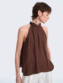 Aalyst Women's Coffee Brown Silk-Like Satin High Neck Ruffle Collar Sleeveless Tank Top,Summer Elegant Tea Party Backless Loose A-Line Hem French - Coffee Brown - View 4