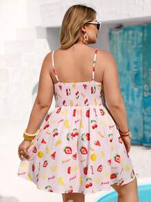 Vivid Eden Plus Size Women's Strawberry & Pineapple Fruit Print Pink Camisole Dress,Cute Summer Boho Beach Holiday Vacation Outfit,Picnic Fruit Print Dress - Pink - View 2