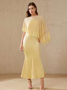 BELROSIE Elegant Women's Satin Slip Dress With Chiffon Fringe Hem Shawl, Luxury Design For Dates, Two Pieces Set - Beige - View 3