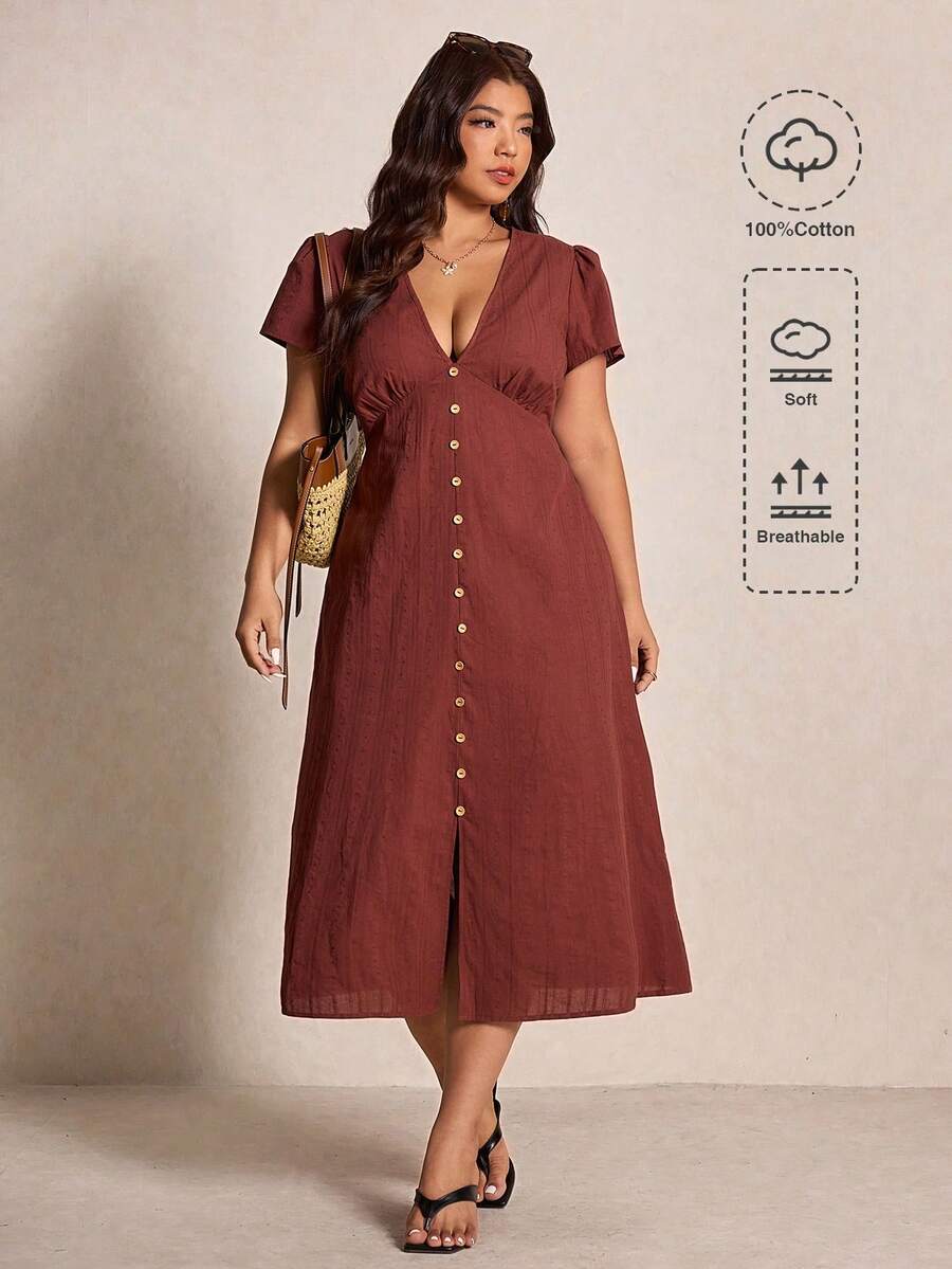 Elaquor 大码纯色收腰深V领纽扣装饰连衣裙 - 棕色 - 查看 1