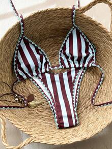 Swim Vcay Springbreak 女士条纹印花挂脖比基尼套装 - 彩色 - 查看 4