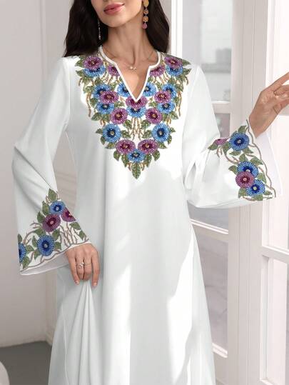 SHEIN Najma Blue & Purple Floral Faux Diamond Print V-Neck Flare Hem Long Sleeve Dress, Elegant Arabic Style Maxi Dress For Spring & Autumn