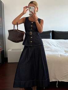 Livesso Conjunto de top sin mangas de algodón azul y falda vaquera para mujer - Azul - Ver 6