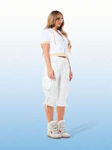 BABYPHAT Women's White Utility Style Capri Pants With Lace Up Hem Detail And Side Pockets For Spring Summer Casual Wear - White - View 4