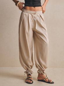 Poéselle Women's Striped Pocket Casual Versatile Daily Wear Pants,Striped Wide Leg Pleated Pants With Ankle Tie, High Waist Loose Fit Trousers, Casual Spring Summer Office Outfit For Women - Multicolor - View 7