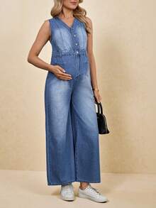 SHEIN Maternity V-Neck Sleeveless Front Button Casual Loose Denim Jumpsuit, Summer Spring To Summer Carnival Costume Commuting Vacation Graduation Chic Y2k Cute Streetwear Party Wedding Elegant Business Casual Woman Women's V Neck Sleeveless Denim Wide Leg Jumpsuit With Button Details - Blue - View 6