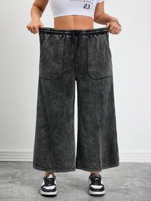 SHEIN CURVE+ 大码休闲水洗抽绳腰阔腿牛仔裤，春夏嘉年华服装通勤度假毕业时尚Y2K可爱街头风派对婚礼优雅商务休闲女式大码阔腿裤，带松紧腰带和口袋，水洗黑色 - 黑色 - 查看 7