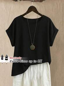 SHEIN CURVE+ 大码女式秋季纯色圆领蝙蝠袖休闲衬衫女式上衣黑色衬衫 - 黑色 - 查看 2