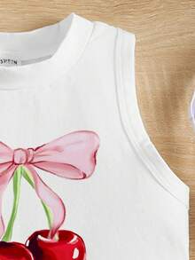 SHEIN Young Girl Cute Sweet Bow & Cherry Print Casual Minimalist Cartoon Pattern Sleeveless Round Neck Tank Top, Suitable For Summer - Multicolor - View 5