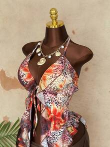 Sunspun Áo camisole mùa hè cỡ lớn với dây đeo mảnh, họa tiết da báo nhiệt đới, hoa và viền bèo nhún. - Nhiều màu - Xem 4