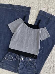 Tween Girls Casual 2 In 1 Streetwear T-Shirt, This T-Shirt Features Letter Slogan And Car Graphic Prints, With Cold Shoulder Short Sleeves Design, Suitable For Summer Leisure Activities, Shopping And Photo-Taking. - Light Grey - View 2