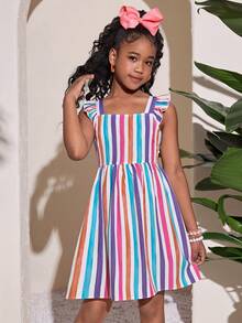 Tween Girl Casual Vacation Tropical Colorful Striped Print Flutter Sleeve Cutout Back Bow Tie Contrast Color Mini Dress - Multicolor - View 5