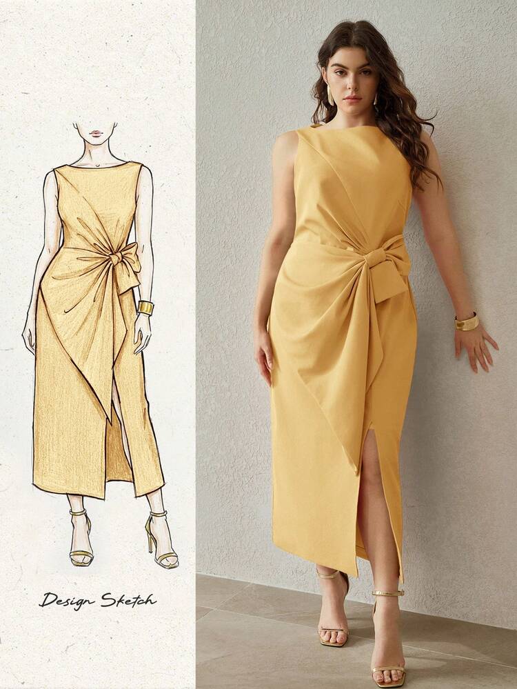 PLUS SIZE WOMEN'S FRONT KNOT SPLIT DRESS