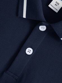 Tween Boy Collared Solid Color Short Sleeve Polo Shirt - Navy Blue - View 5