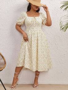 SHEIN VCAY Đầm midi dáng xòe màu vàng cổ vuông tay cánh hoa phong cách Bohemian, tôn dáng và giúp thon gọn vóc dáng cho nữ, thích hợp cho mùa hè. - Màu be - Xem 1