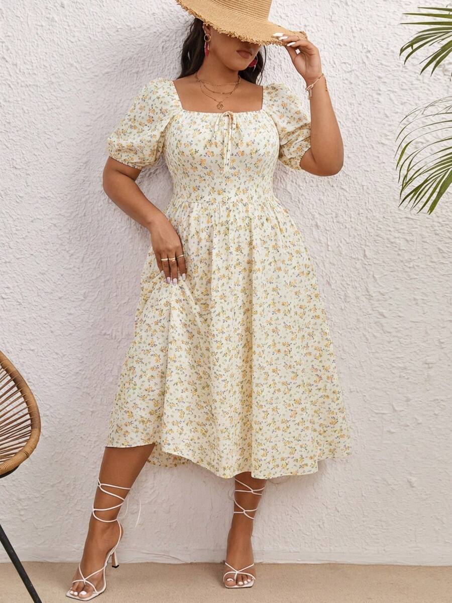 SHEIN VCAY Đầm midi dáng xòe màu vàng cổ vuông tay cánh hoa phong cách Bohemian, tôn dáng và giúp thon gọn vóc dáng cho nữ, thích hợp cho mùa hè. - Màu be - Xem 1