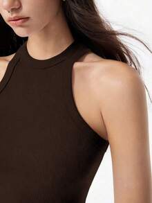 LYSMO 女士棕色罗纹弧形下摆吊带背心，休闲日常露背吊带背心，棕色修身女士背心 - 棕色 - 查看 5