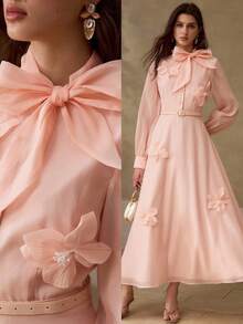 MOTF PREMIUM WOMEN'S ROMANTIC ELEGANT BOW TIE 3D FLORAL DRESS - Coral Pink - View 1