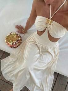 SHEIN BAE Women's Solid Color Halter Tie Backless Metallic Decor Ruched Dress, Fashionable For Party And Events Cream Dress Goddess Dress - Apricot - View 1