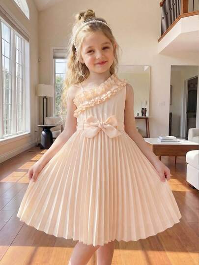 SHEIN 1pc Girls' Summer New Oblique Shoulder Pleated Ruffle Waist Belt Elastic Waist Hem Sunflower Color Casual Vacation Dress