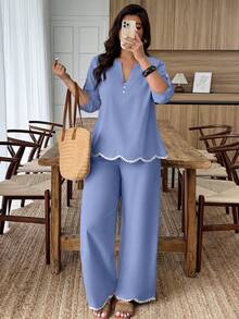 Weeklong Plus Size Women's Spring/Summer Arched Color Block Floral Trim Casual 2 Pieces Set Fall - Dusty Blue - View 1