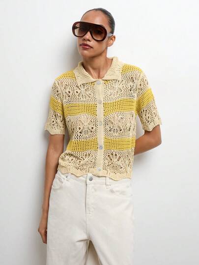 Maija Apricot & Yellow Striped Floral Crochet Pattern Women's Thin Cardigan, Shirt Collar Short Sleeve, Suitable For Spring/Summer Vacation Holiday Outfits