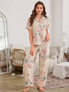 Serenescape Bubble Wrinkle Floral Print Short Sleeve Pajama Set - Apricot - View 5