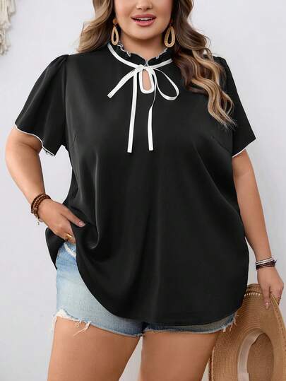 SHEIN CURVE+ Blusa feminina plus size de manga curta com cores contrastantes, ideal para o verão, estilo professora, com gola laço e modelagem campestre.