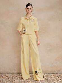 Anewsta 2pcs Starfish Embroidery Collared Cropped Shirt & Wide Leg Pants Set - Yellow - View 5