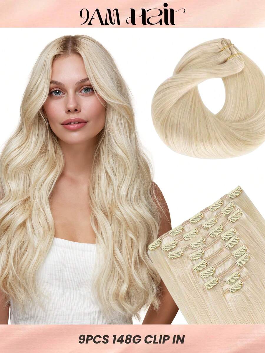 100% Cabello humano real 9 piezas Extensiones de cabello rectas con clip 148G 14-24 pulgadas Color dorado platino Doble trama Extensiones de cabello con clip invisibles Cabello humano Remy natural para uso diario de mujeres y niñas - S60A - Ver 1