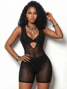 BamGleam Women's Mesh Patchwork Casual Everyday Romper - Black - View 3