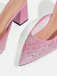 CUCCOO TILAWA Women's Fashionable Party Rhinestone Chunky Heel Pumps - Pink - View 6