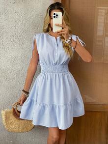 EMERY ROSE 女士条纹褶皱扭结前襟休闲派对迷你连衣裙 - 藍白色 - 查看 3