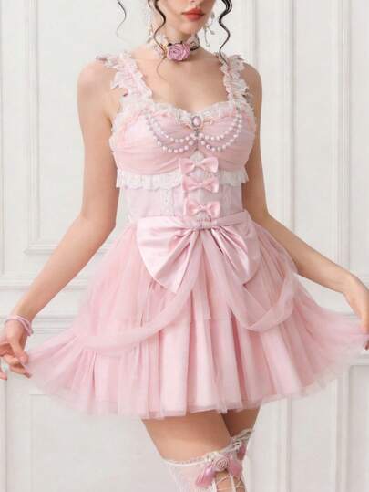 ROMWE Kawaii Women's Vintage Palace Style Lace Trim Bow Pearl Chain Layered Ruffle Hem Princess Dress
