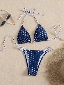 Swim Mod Bikini 2 pièces à imprimé pois avec attache au cou pour femmes, idéal pour les vacances à la plage au printemps/été - Multicolore - Voir 3
