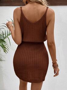 EMERY ROSE Fashionable Versatile Hollow Crochet V-Neck Women Sweater Dress - Brown - View 2