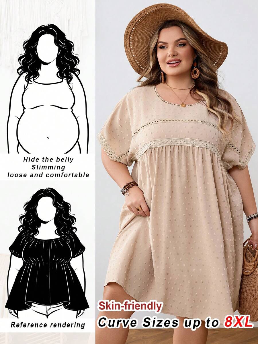SHEIN CURVE+ Curve 尺码 US22 音乐节、海滨度假、波西米亚瑞士圆点撞色蕾丝蝙蝠袖衬衫 - 杏色 - 查看 1