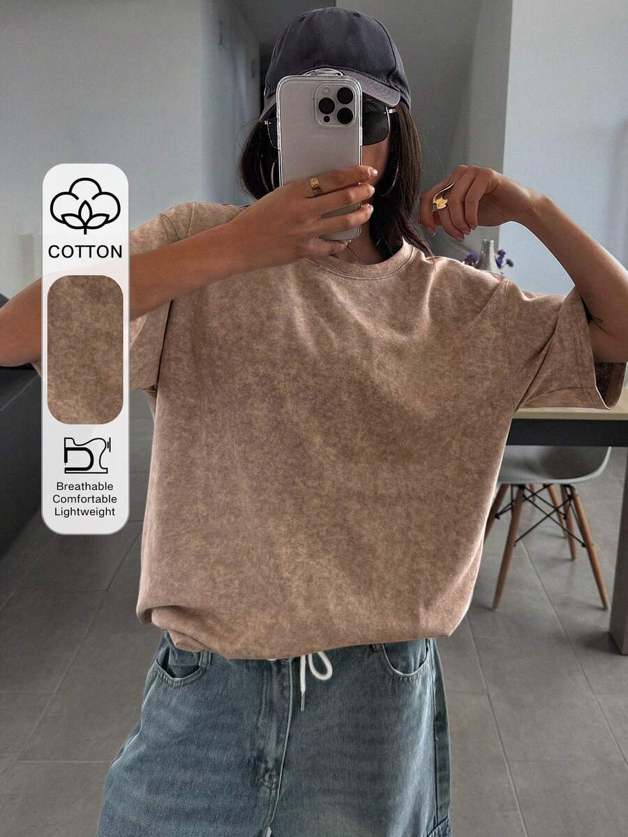 DAZY Áo thun nữ tay ngắn cổ tròn dáng rộng, chất liệu cotton, màu nâu cà phê, thích hợp cho mùa hè. - Cà phê nâu - Xem 1