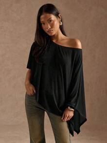 SHEIN BAE 女士夏季时尚不对称亮面上衣 - 黑色 - 查看 6