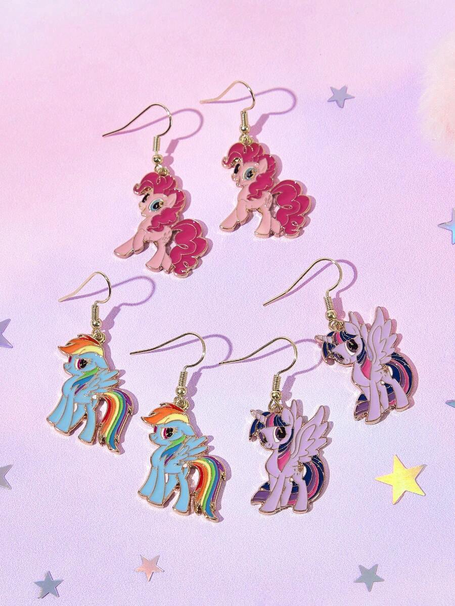 My Little Pony X SHEIN 时尚可爱甜美锌合金水滴耳环,女士饰品,暮光闪闪、碧琪和云宝黛西图案,糖果色。 - 彩色 - 查看 1