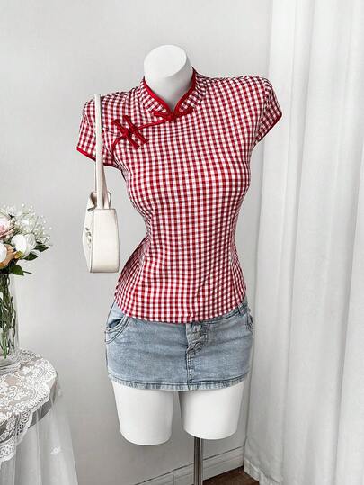 Sunspun Fashionable Plaid Button-Up Collar Short Sleeve Blouse, New Summer Design Sense Slim Fit Shirt For Women
