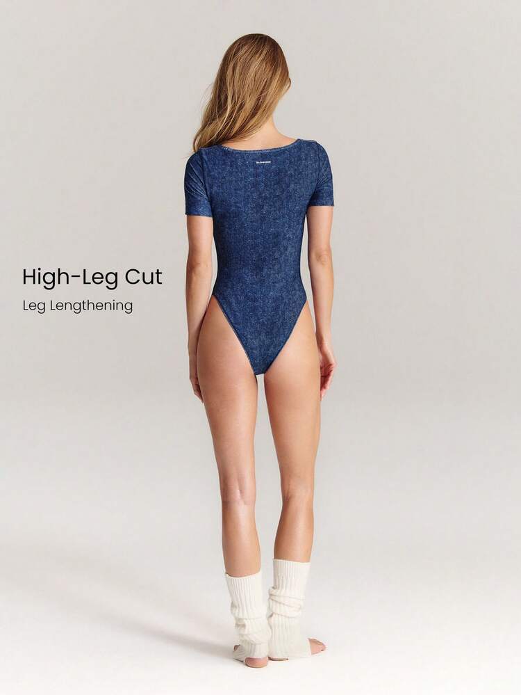 FeatherFit™ Full Throttle Faux Denim Print Sweetheart Neckline Short-Sleeve Snap Closure Removable Cups Bodysuit Low Impact Yoga Pilates Studio Gym Workout Daily Active Wear