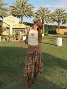 SHEIN MOD Women's Summer Fashion Animal Print Patchwork Asymmetric Hem Skirt - Coffee Brown - View 1