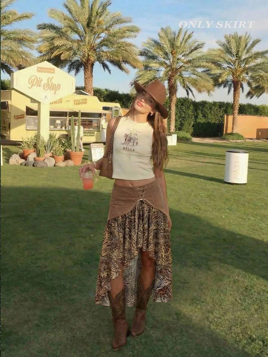 SHEIN MOD Women's Summer Fashion Animal Print Patchwork Asymmetric Hem Skirt - Coffee Brown - View 1