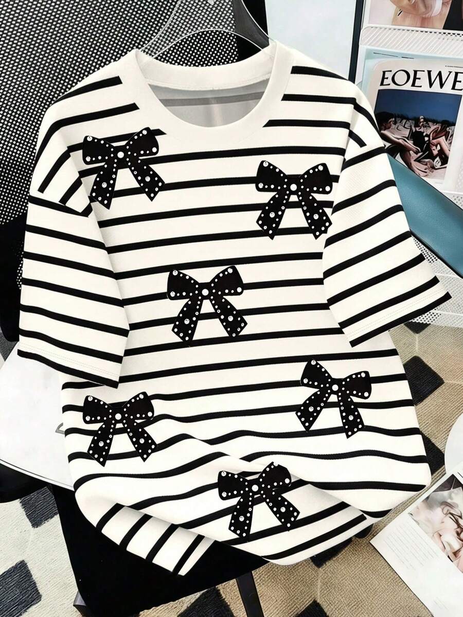 Resyla Women's Summer Cute Black And White Striped Short Sleeve T-Shirt,3D Rhinestone Bowknot Decor Round Neck Top For School,Back-To-School Everyday Wear - Black and White - View 1