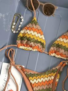 Swim Vcay Women's Spring/Summer Jacquard Fabric Halter Neck Braided Rope Metal Pendant Bikini Set - Multicolor - View 6