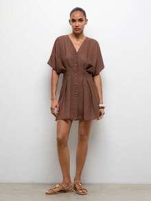 Maija Casual Women's Coffee Brown Mini Dress V Neck Batwing Sleeve Plicated Flared Hem Short Dress,Going Out Outfits - Coffee Brown - View 6